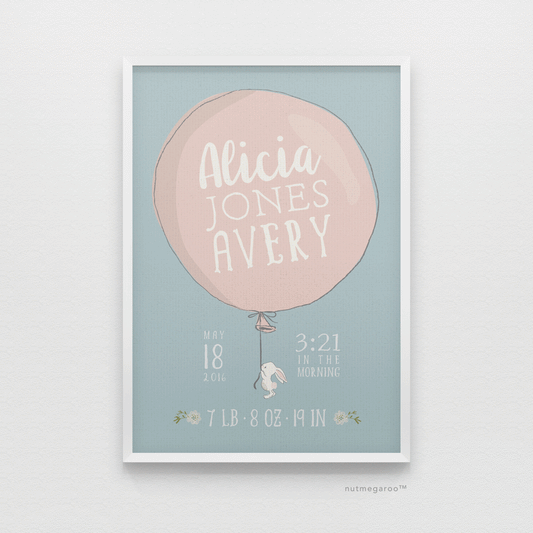 lil' bunny holding balloon birth stats art print