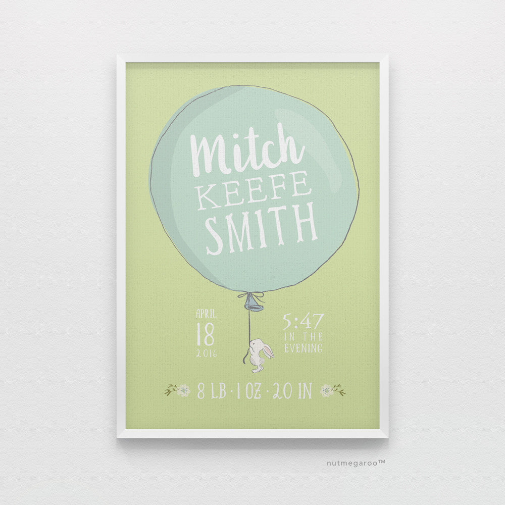 lil' bunny holding balloon birth stats art print