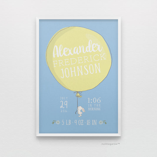 lil' bunny holding balloon birth stats art print