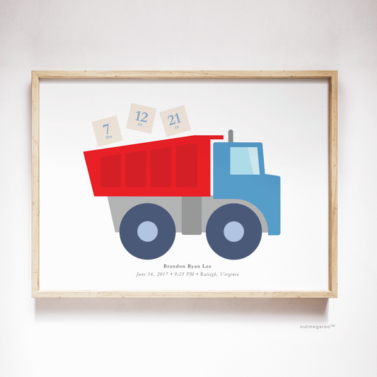 construction truck birth stats nursery art print for baby boy in red & blue