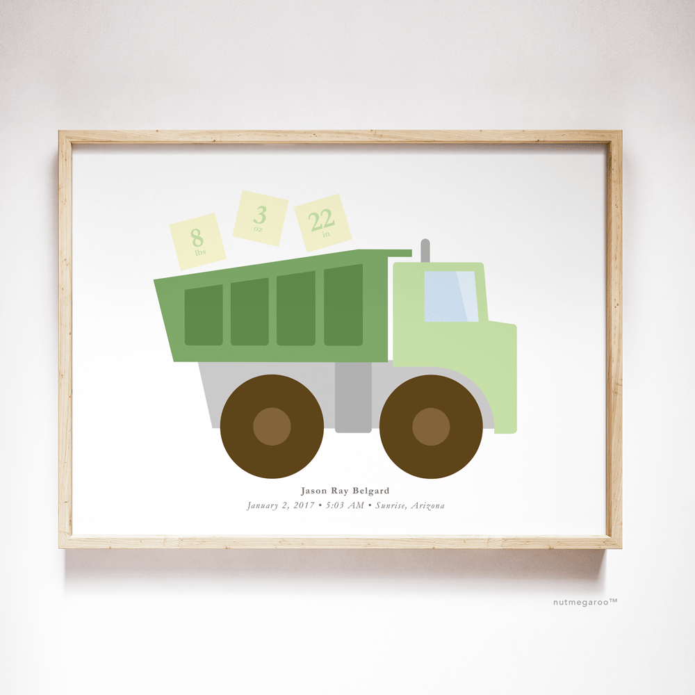 construction truck birth stats nursery art print for baby boy in green & brown
