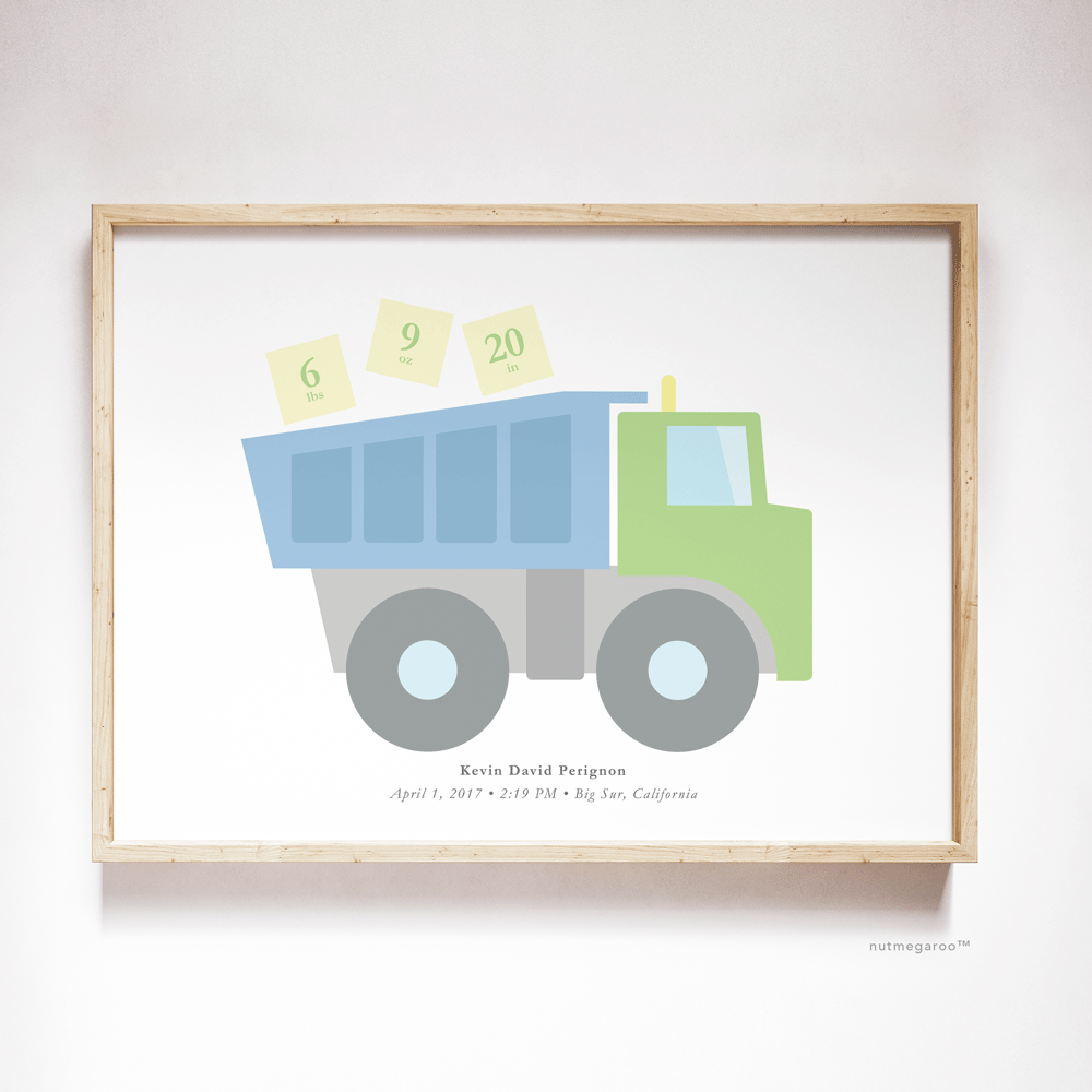 construction truck birth stats nursery art print for baby boy in pastel blue & green