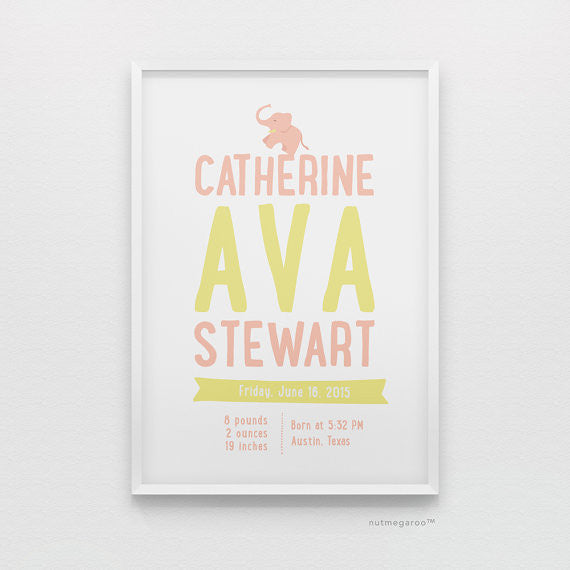 Elephant Birth Stats Personalized Baby Girl Nursery Art Print