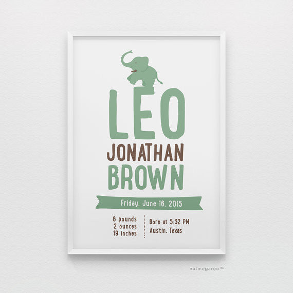Elephant Birth Stats Personalized Baby Boy Nursery Art Print