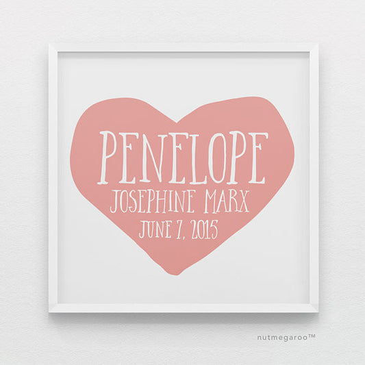 Pink Heart Personalized Baby Girl Nursery Art Print