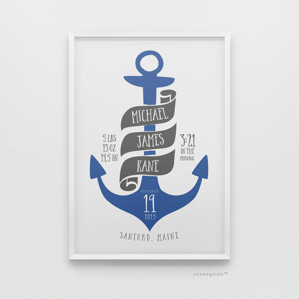 Nautical anchor birth stats nursery art print for baby boy in blue and gray