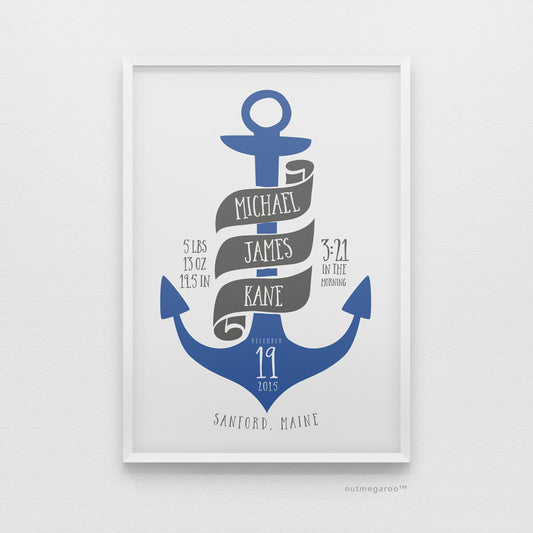 Nautical anchor birth stats nursery art print for baby boy in blue and gray