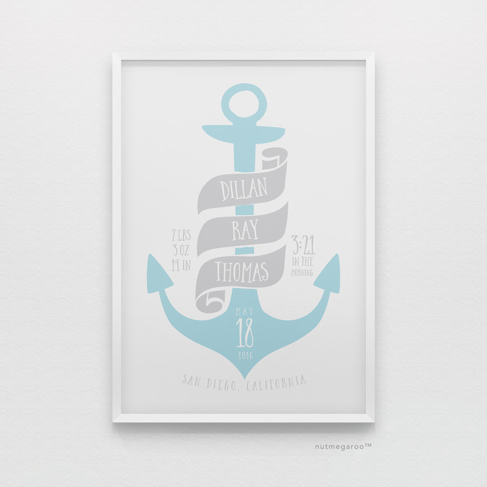 Nautical anchor birth stats nursery art print for baby boy in sky blue and gray