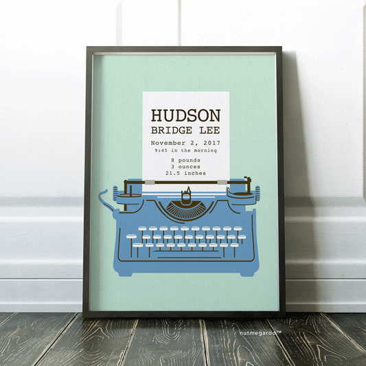 typewriter birth stats nursery art print, personalized newborn baby gift