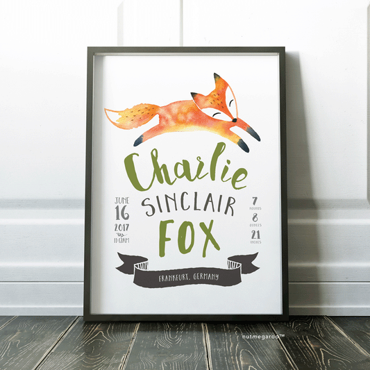 woodland fox birth stats nursery art print for baby boy in green and gray