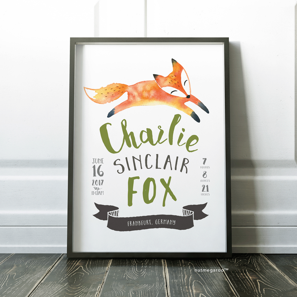 woodland fox birth stats nursery art print for baby boy in green and gray