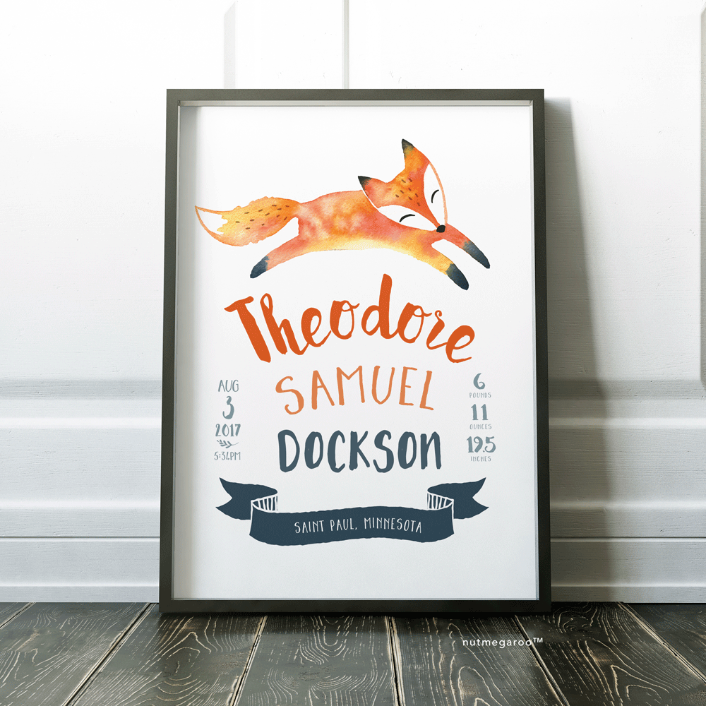 woodland fox birth stats nursery art print for baby boy in orange and blue
