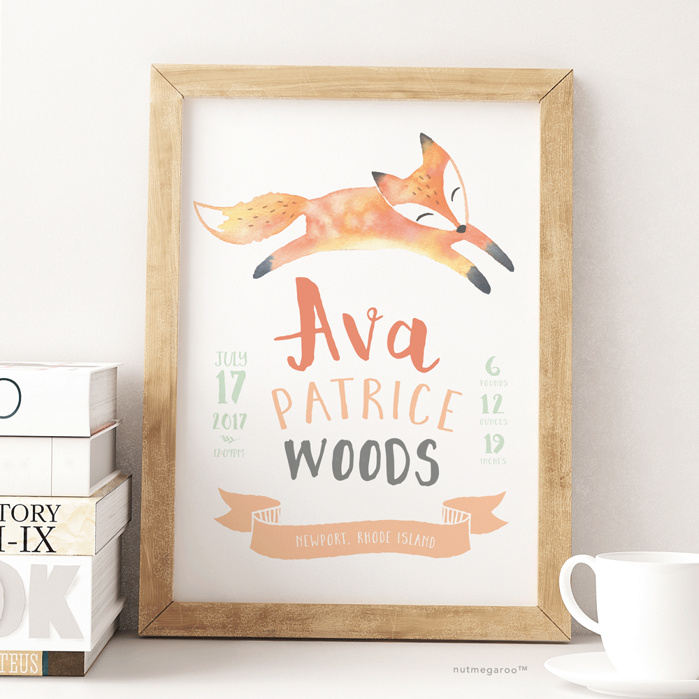 woodland fox birth stats nursery art print for baby girl in peach