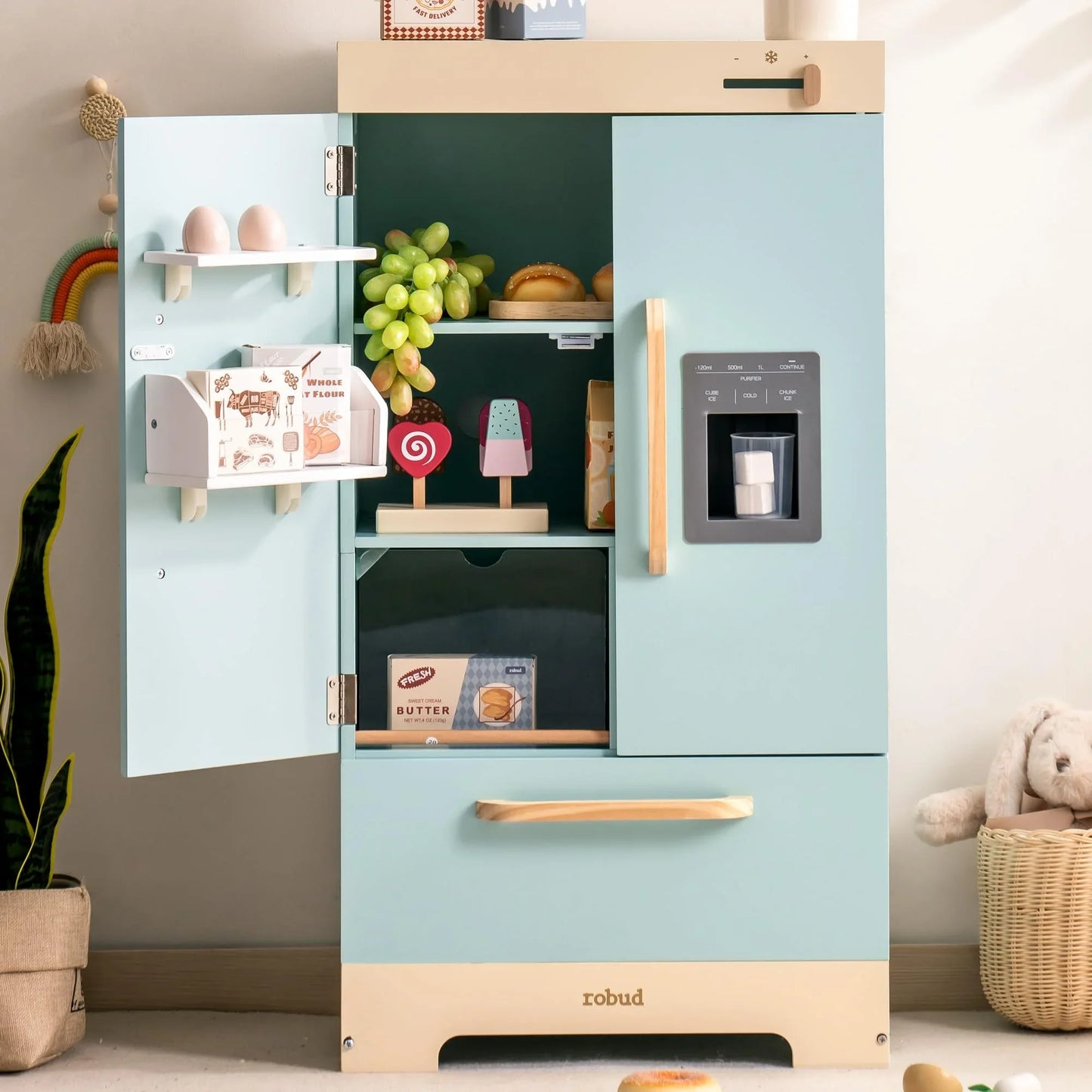 Play Kitchen Fridge Refrigerator with Ice Dispenser Wooden Kids Play Kitchen Playset Toy