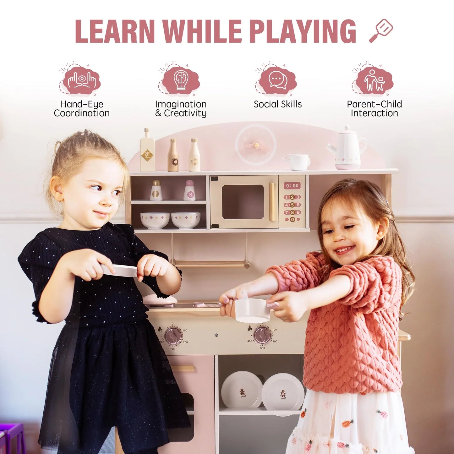 Wooden Kitchen for Kids Play Kitchen with Plenty of Play Features Toddler Kitchen Set Gift for Girls Boys 3+