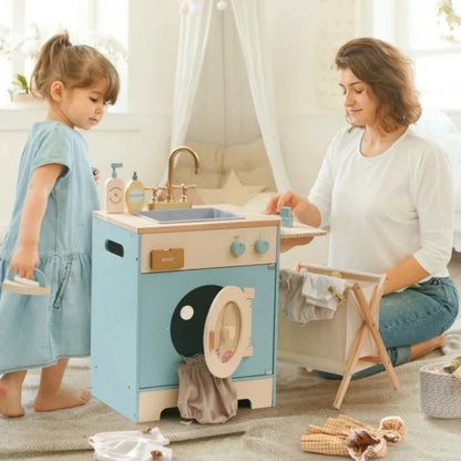 Kids Pretend Kitchen Washer Playset Pretend Play Toy Washing Machine with Clothes Basket Iron and Sink