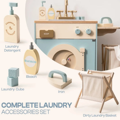 Kids Pretend Kitchen Washer Playset Pretend Play Toy Washing Machine with Clothes Basket Iron and Sink