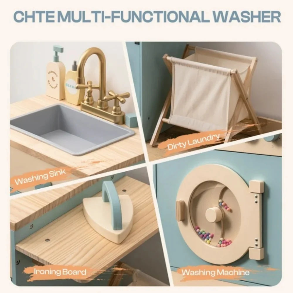 Kids Pretend Kitchen Washer Playset Pretend Play Toy Washing Machine with Clothes Basket Iron and Sink