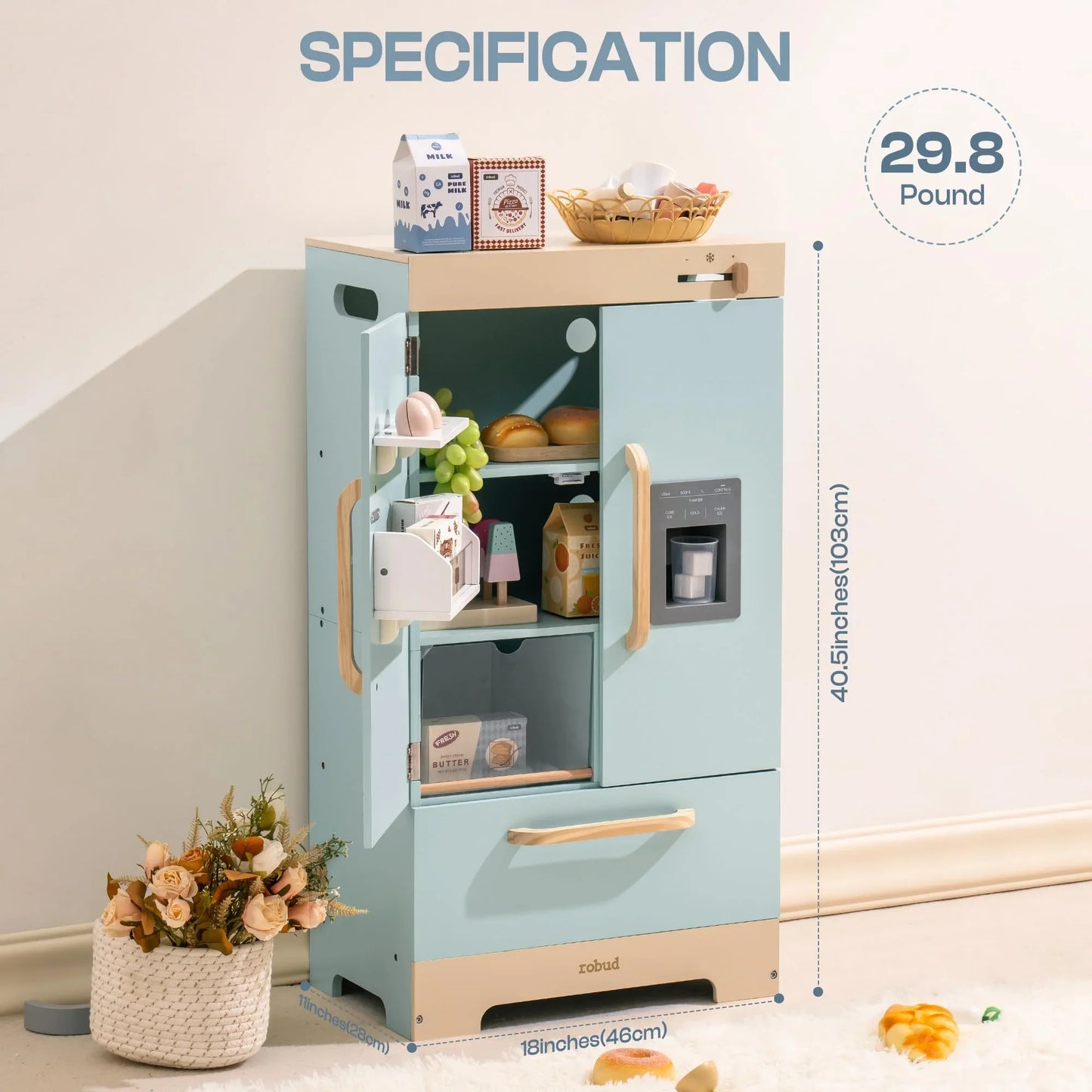 Play Kitchen Fridge Refrigerator with Ice Dispenser Wooden Kids Play Kitchen Playset Toy