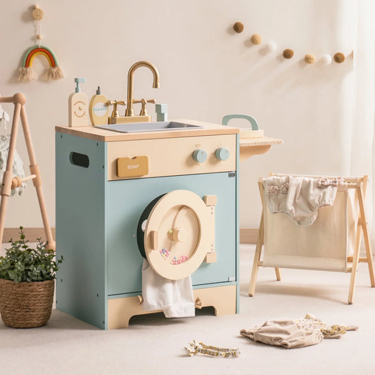 Kids Pretend Kitchen Washer Playset Pretend Play Toy Washing Machine with Clothes Basket Iron and Sink