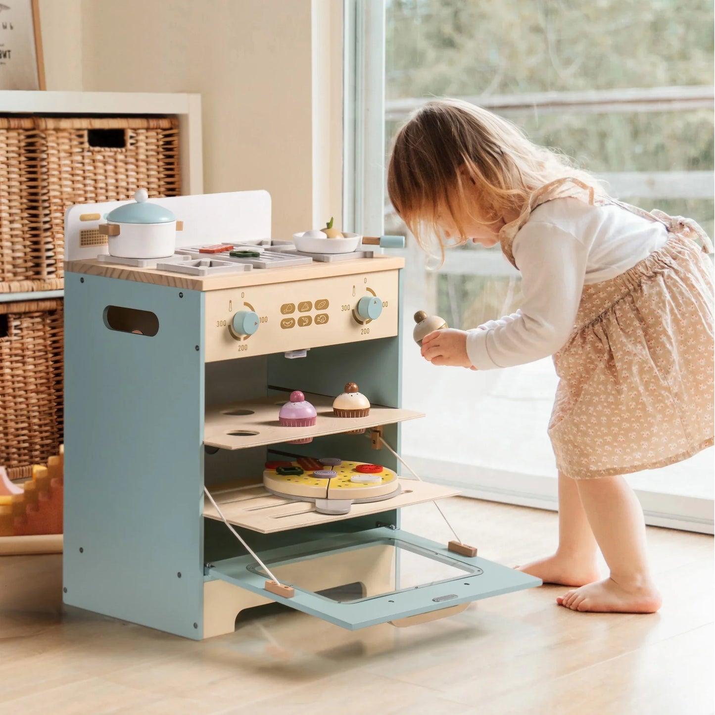 Kitchen Washer Playset Play Kitchen Fridge Refrigerator Play Toy Oven Wooden Kitchen Playset for Kids Age 3+Blue