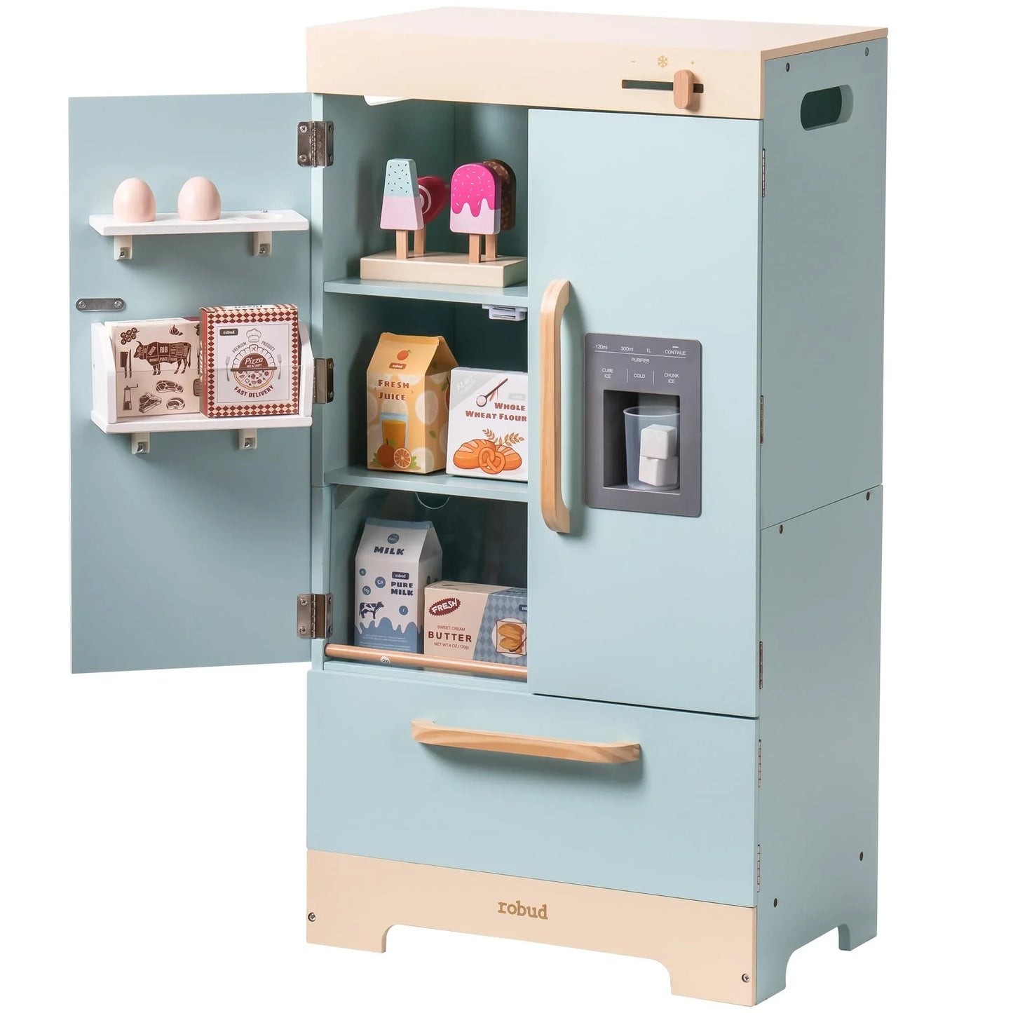 Play Kitchen Fridge Refrigerator with Ice Dispenser Wooden Kids Play Kitchen Playset Toy