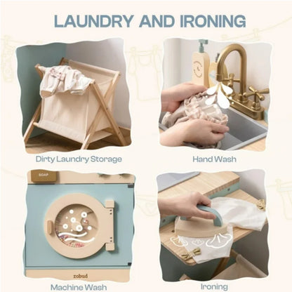 Kids Pretend Kitchen Washer Playset Pretend Play Toy Washing Machine with Clothes Basket Iron and Sink