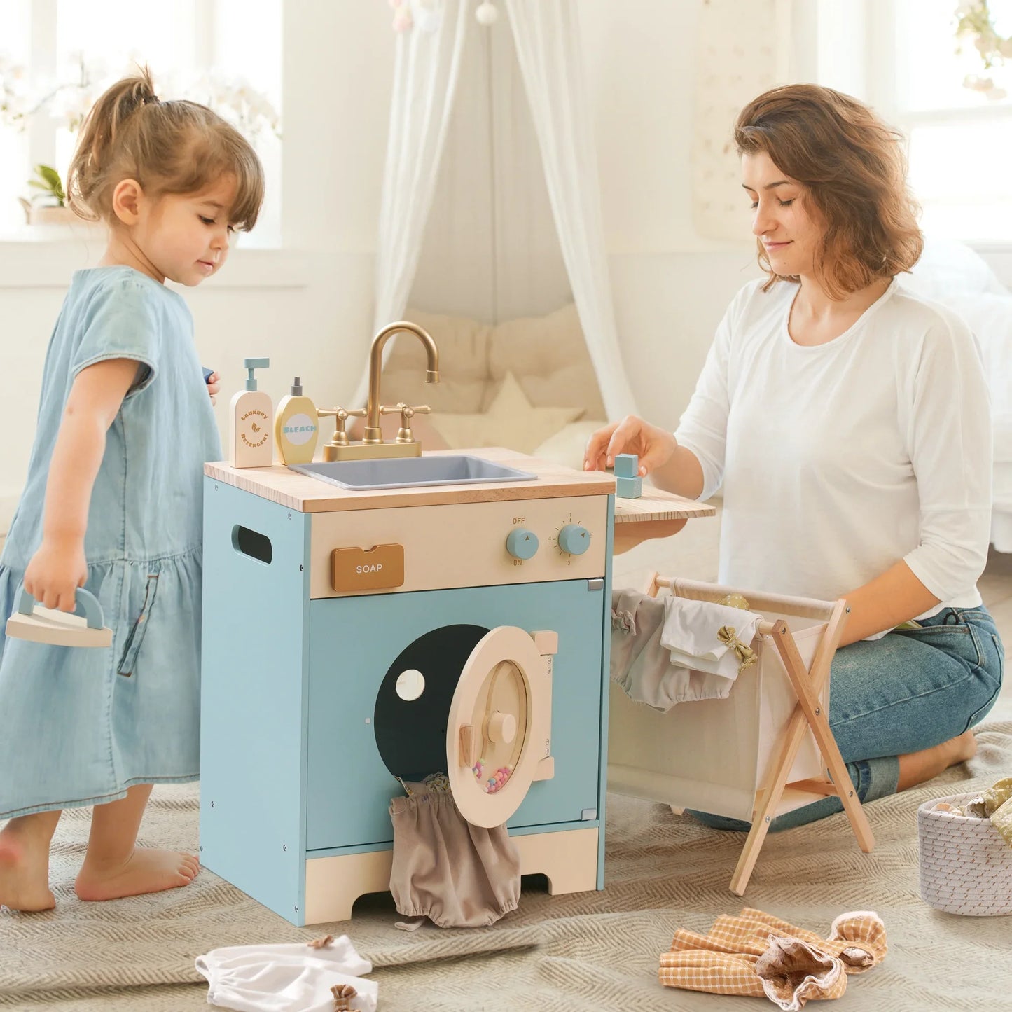 Kitchen Washer Playset Play Kitchen Fridge Refrigerator Play Toy Oven Wooden Kitchen Playset for Kids Age 3+Blue