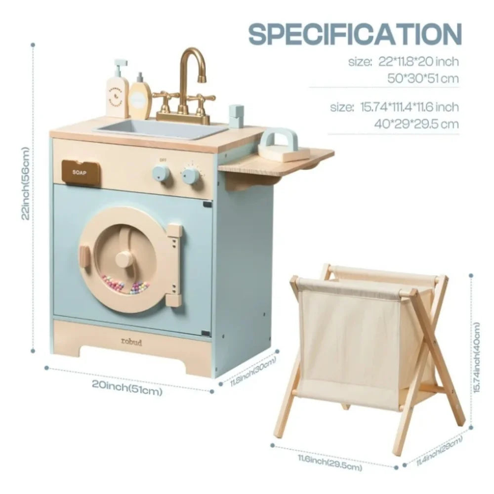 Kids Pretend Kitchen Washer Playset Pretend Play Toy Washing Machine with Clothes Basket Iron and Sink