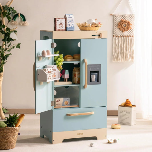 Play Kitchen Fridge Refrigerator with Ice Dispenser Wooden Kids Play Kitchen Playset Toy