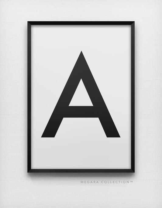 Uppercase letter A in sans-serif and black and white art print wall artwork