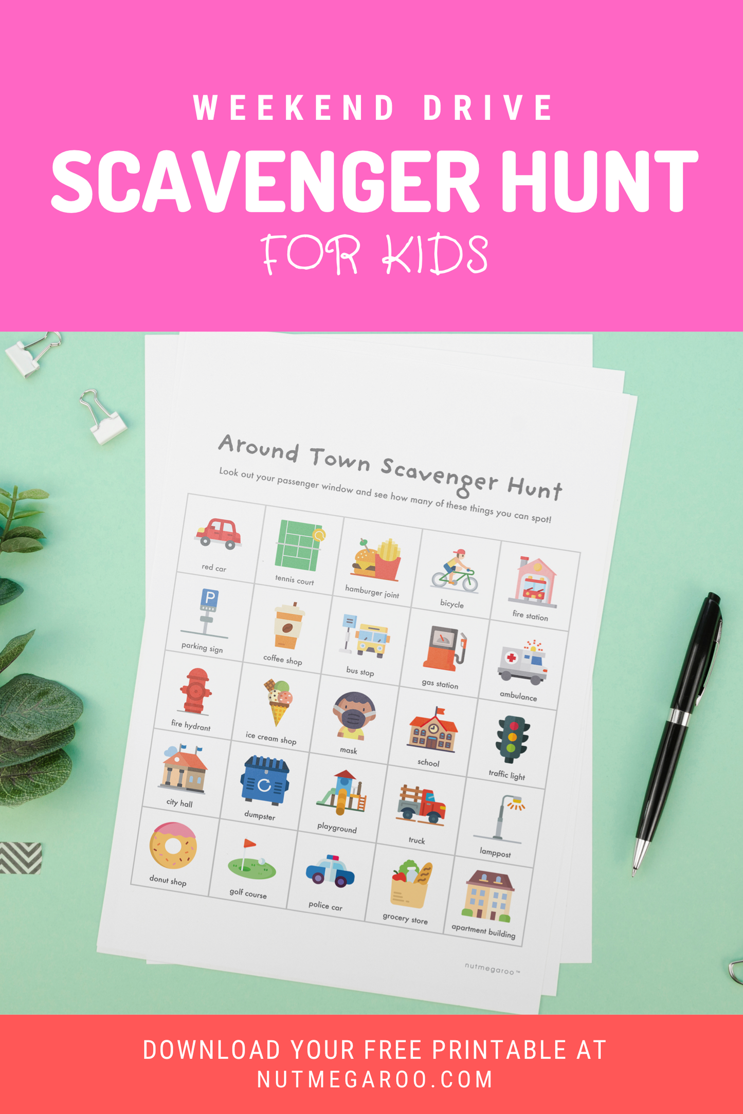 Around Town Weekend drive scavenger hunt free printable