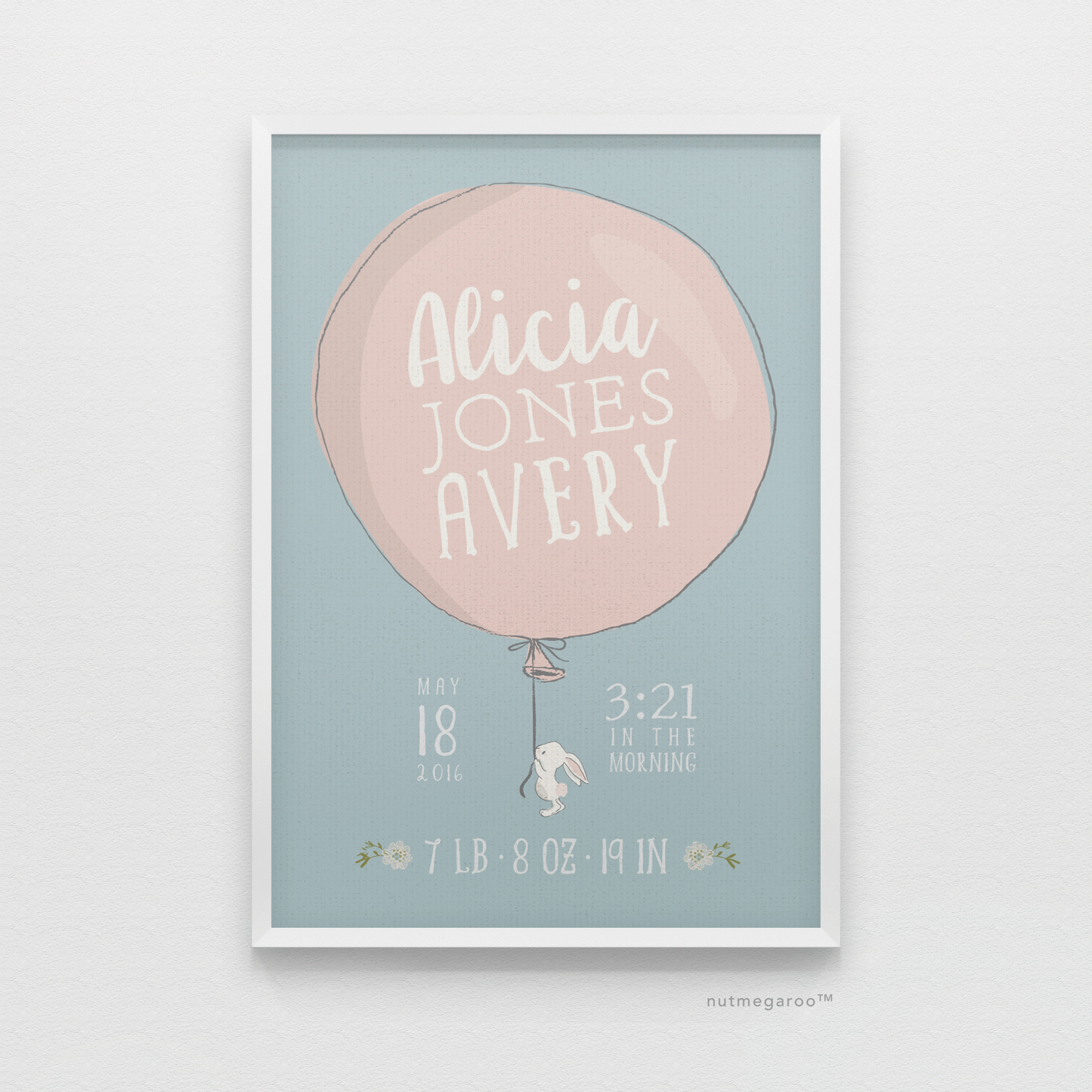 lil' bunny holding balloon birth stats art print