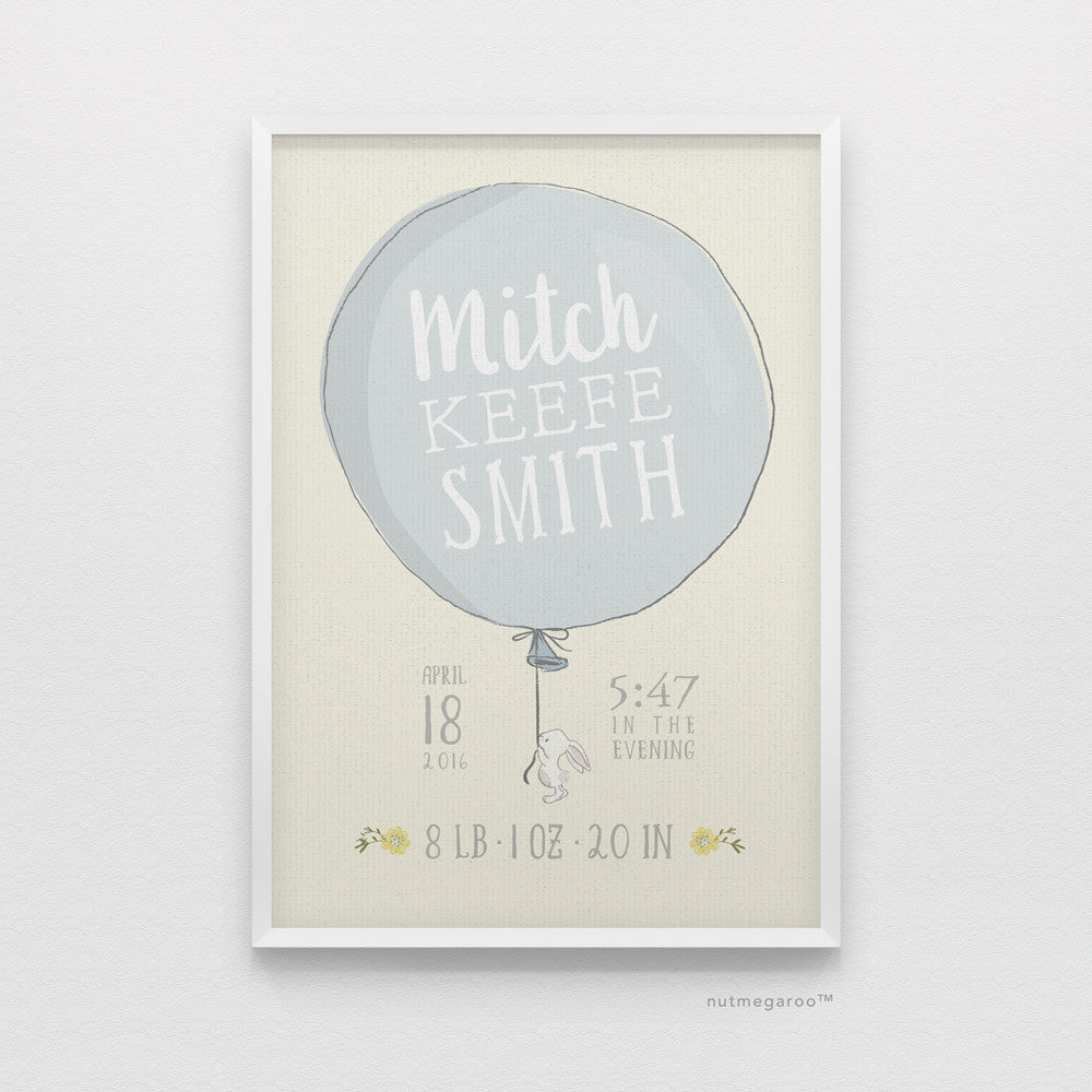 lil' bunny holding balloon birth stats art print