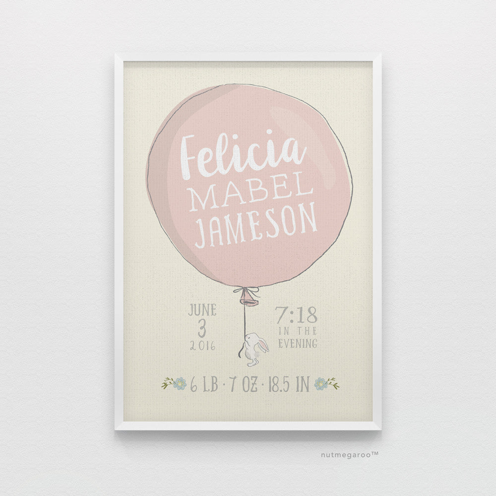 lil' bunny holding balloon birth stats art print