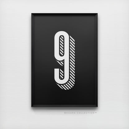 Lucky Number 9 - Minimalist Black & White Art Print Poster