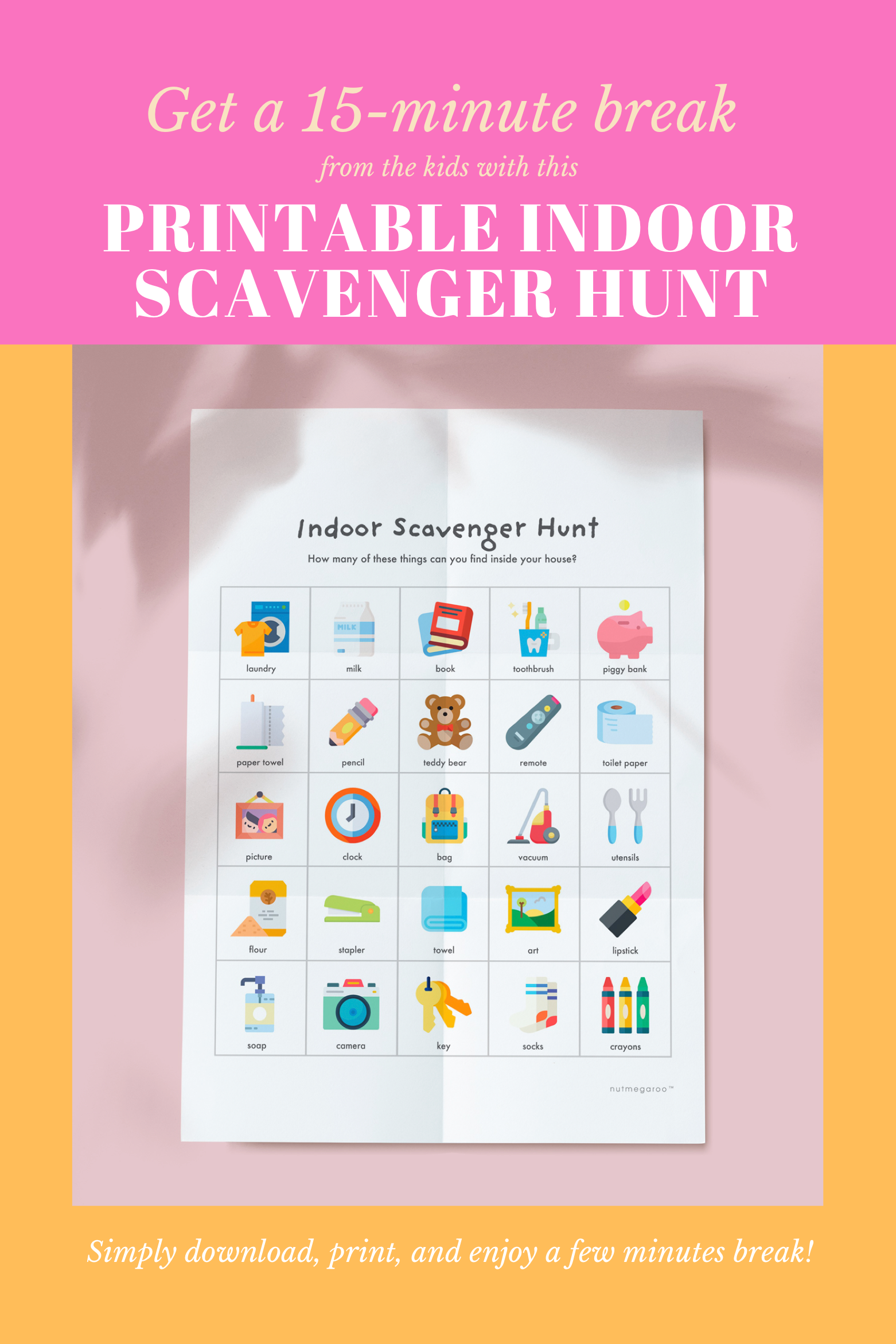 Indoor Scavenger Hunt for Kids, Stay at Home Kids Activities Free Printable