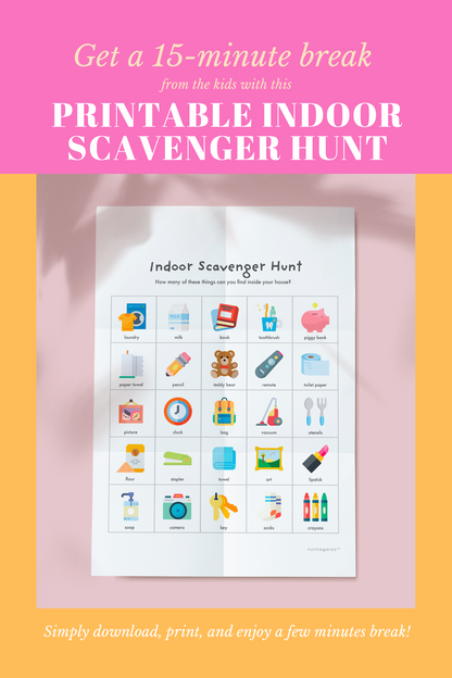 Indoor Scavenger Hunt for Kids, Stay at Home Kids Activities Free Printable