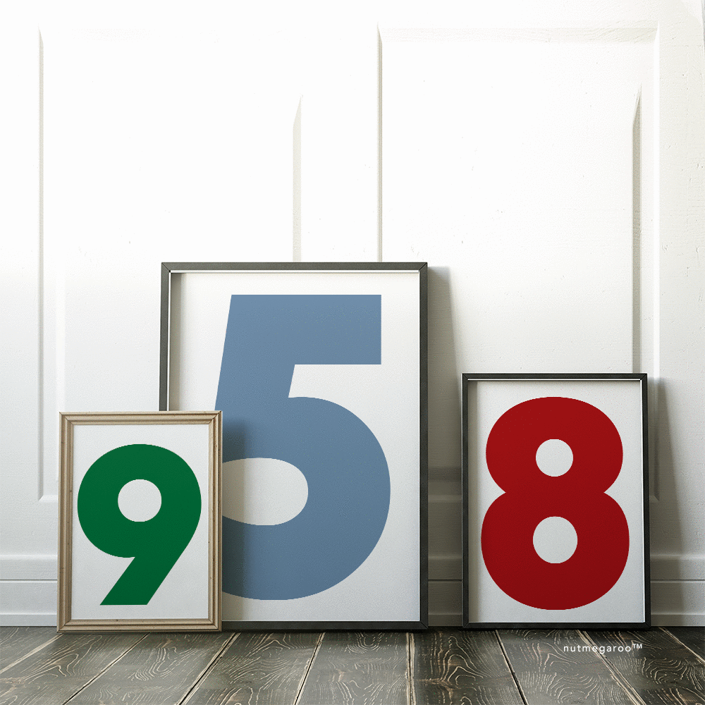 Bold Number 9, 5, 8 Art Prints for Boys Bedroom in Forest Green, Steel Blue, Red