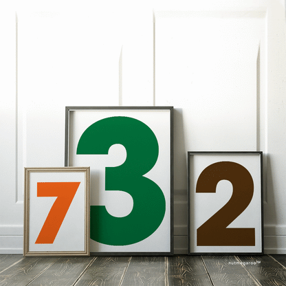 Bold Number 7, 3, 2 Art Print for Boys Bedroom in Orange, Forest Green, Brown