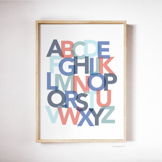 red and blue children's alphabet poster, kids alphabet poster, red and blue nursery art