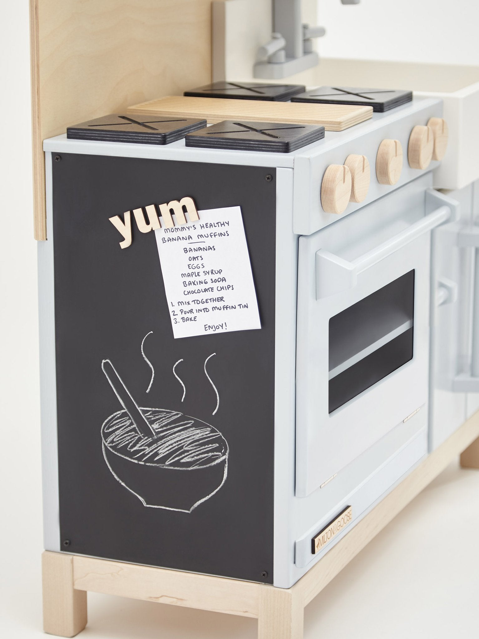 luxury wood play kitchen with chalkboard