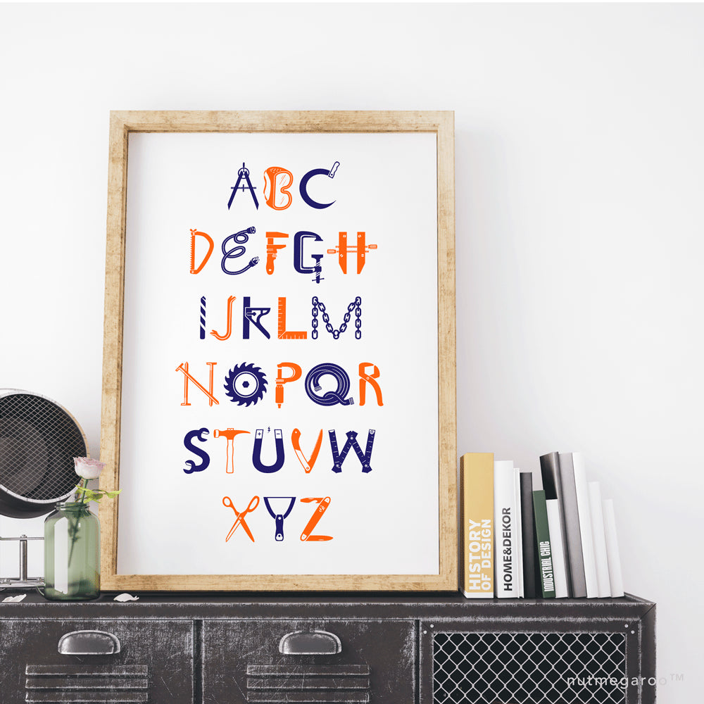 construction abc alphabet nursery art print for boys in orange and navy blue