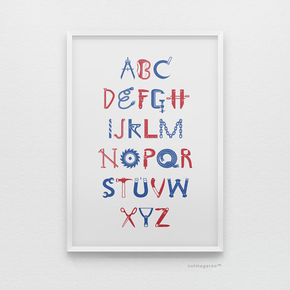 construction alphabet nursery art print for boys in blue and red
