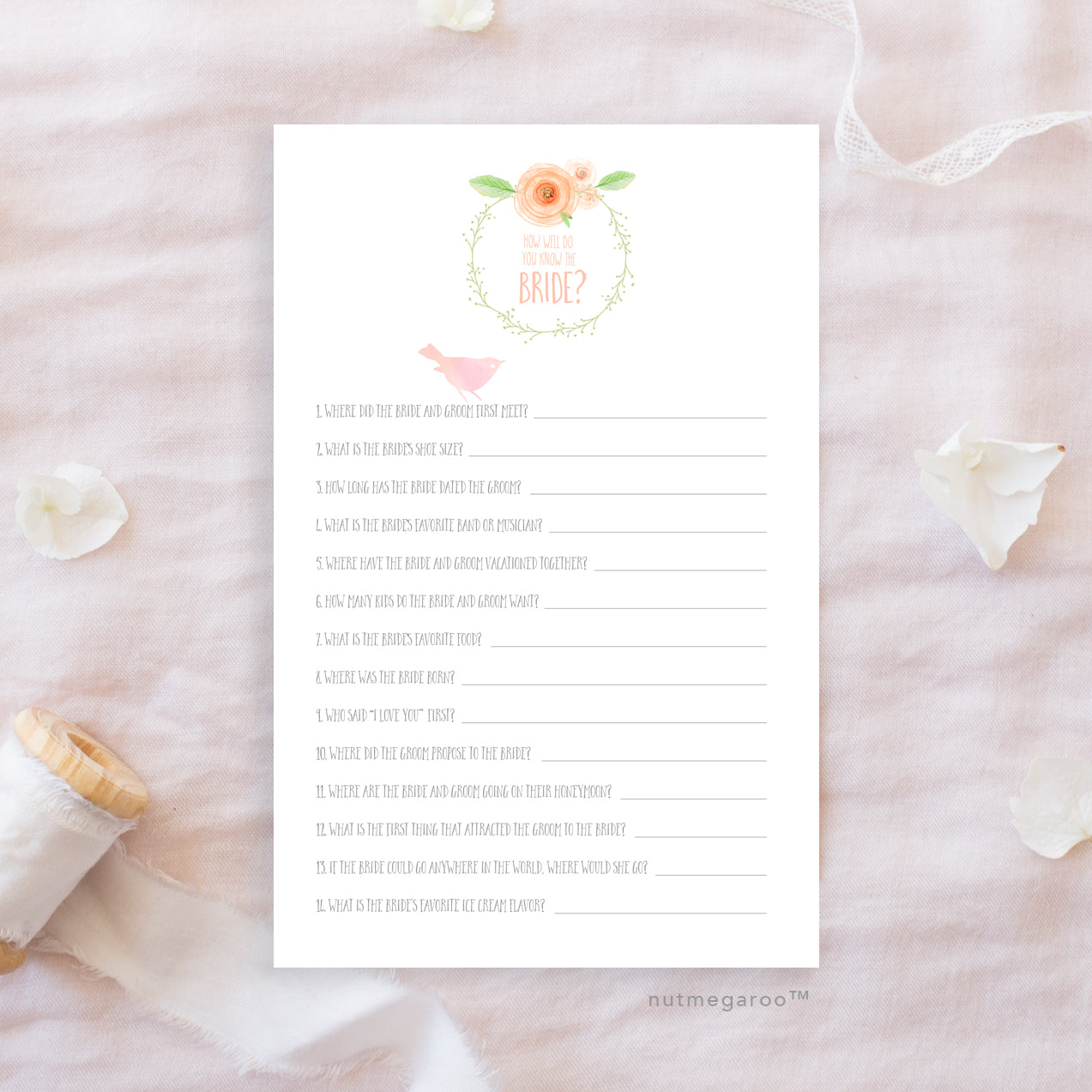 How well do you know the bride, Printable Bridal Shower Game