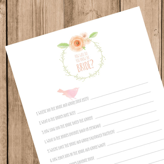 How well do you know the bride, Printable Bridal Shower Game