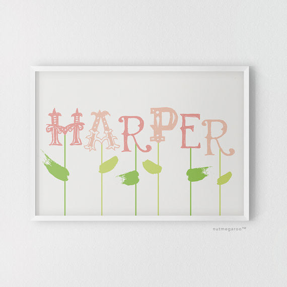 floral nursery art, personalized name art, nursery art, nursery art for girls in pink