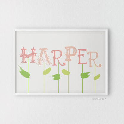 floral nursery art, personalized name art, nursery art, nursery art for girls in pink