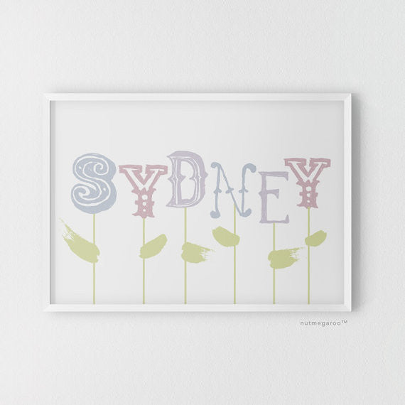 spring blooms personalized name nursery art print for girls in pastel purples