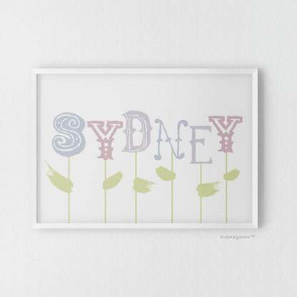 spring blooms personalized name nursery art print for girls in pastel purples